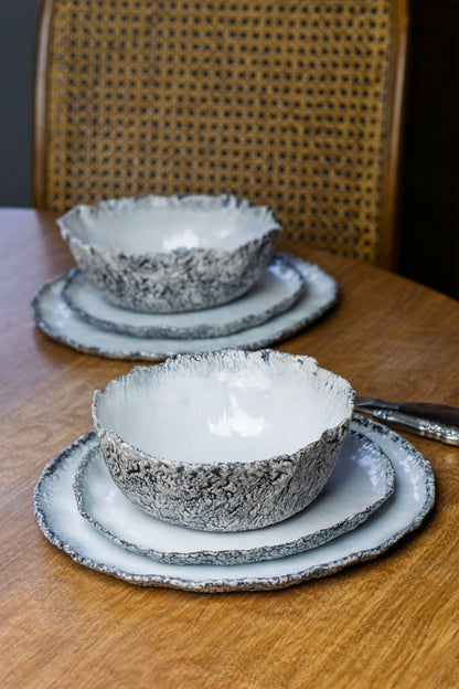 Coral Texture Ceramic Dinnerware Set, Handmade Porcelain Plates & Bowls, Minimalist White Tableware, Modern Coastal Design