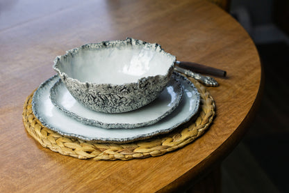 Coral Texture Ceramic Dinnerware Set, Handmade Porcelain Plates & Bowls, Minimalist White Tableware, Modern Coastal Design