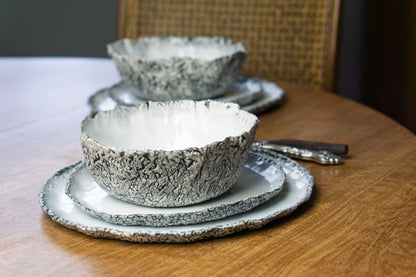 Coral Texture Ceramic Dinnerware Set, Handmade Porcelain Plates & Bowls, Minimalist White Tableware, Modern Coastal Design