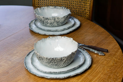Coral Texture Ceramic Dinnerware Set, Handmade Porcelain Plates & Bowls, Minimalist White Tableware, Modern Coastal Design