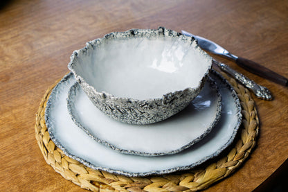 Coral Texture Ceramic Dinnerware Set, Handmade Porcelain Plates & Bowls, Minimalist White Tableware, Modern Coastal Design