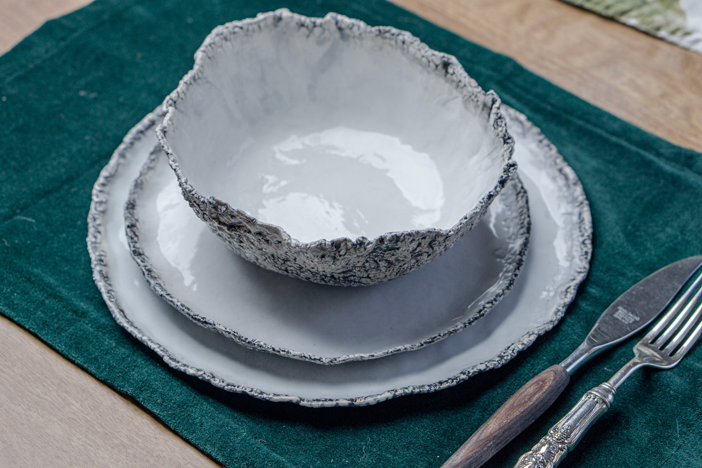 Coral Texture Ceramic Dinnerware Set, Handmade Porcelain Plates & Bowls, Minimalist White Tableware, Modern Coastal Design