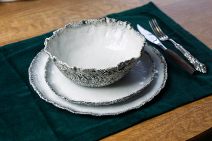 Coral Texture Ceramic Dinnerware Set, Handmade Porcelain Plates & Bowls, Minimalist White Tableware, Modern Coastal Design