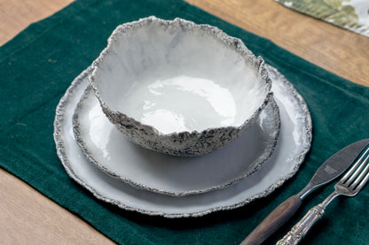 Coral Texture Ceramic Dinnerware Set, Handmade Porcelain Plates & Bowls, Minimalist White Tableware, Modern Coastal Design