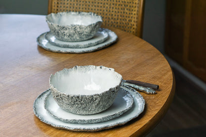 Coral Texture Ceramic Dinnerware Set, Handmade Porcelain Plates & Bowls, Minimalist White Tableware, Modern Coastal Design