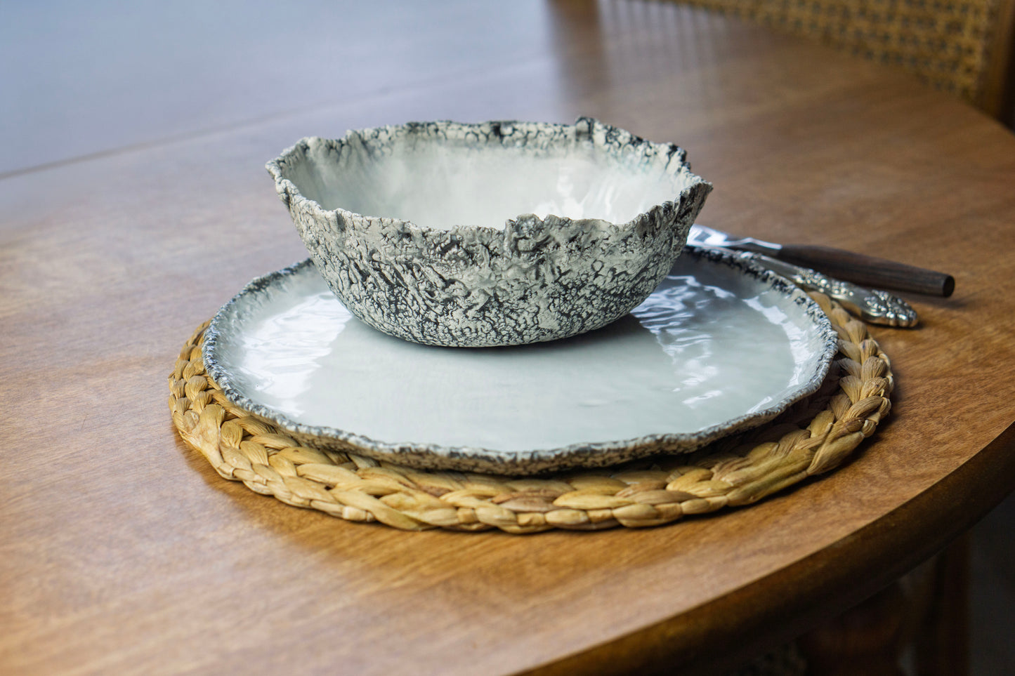 Coral Texture Ceramic Dinnerware Set, Handmade Porcelain Plates & Bowls, Minimalist White Tableware, Modern Coastal Design