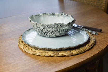 Coral Texture Ceramic Dinnerware Set, Handmade Porcelain Plates & Bowls, Minimalist White Tableware, Modern Coastal Design