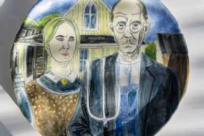 American Gothic Hand Painted Ceramic Plate 10” – Grant Wood Inspired Art, Decorative Dinner Plate Gift