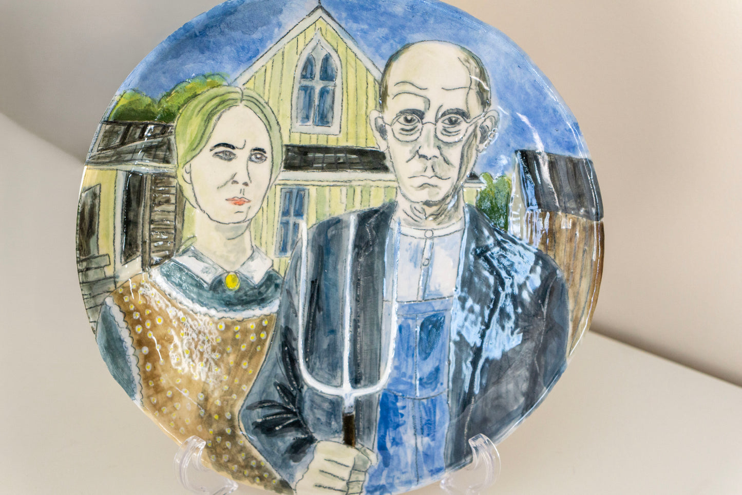 American Gothic Hand Painted Ceramic Plate 10” – Grant Wood Inspired Art, Decorative Dinner Plate Gift