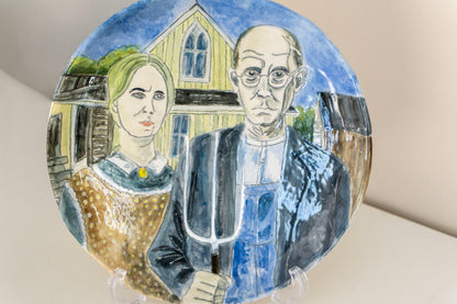American Gothic Hand Painted Ceramic Plate 10” – Grant Wood Inspired Art, Decorative Dinner Plate Gift