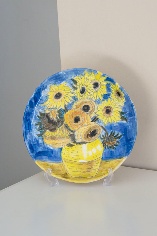 Van Gogh Sunflowers Hand Painted Ceramic Plate 10” – Floral Art Dinner Plate, Decorative Gift for Art Lovers