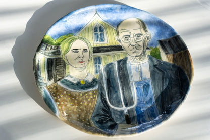 American Gothic Hand Painted Ceramic Plate 10” – Grant Wood Inspired Art, Decorative Dinner Plate Gift