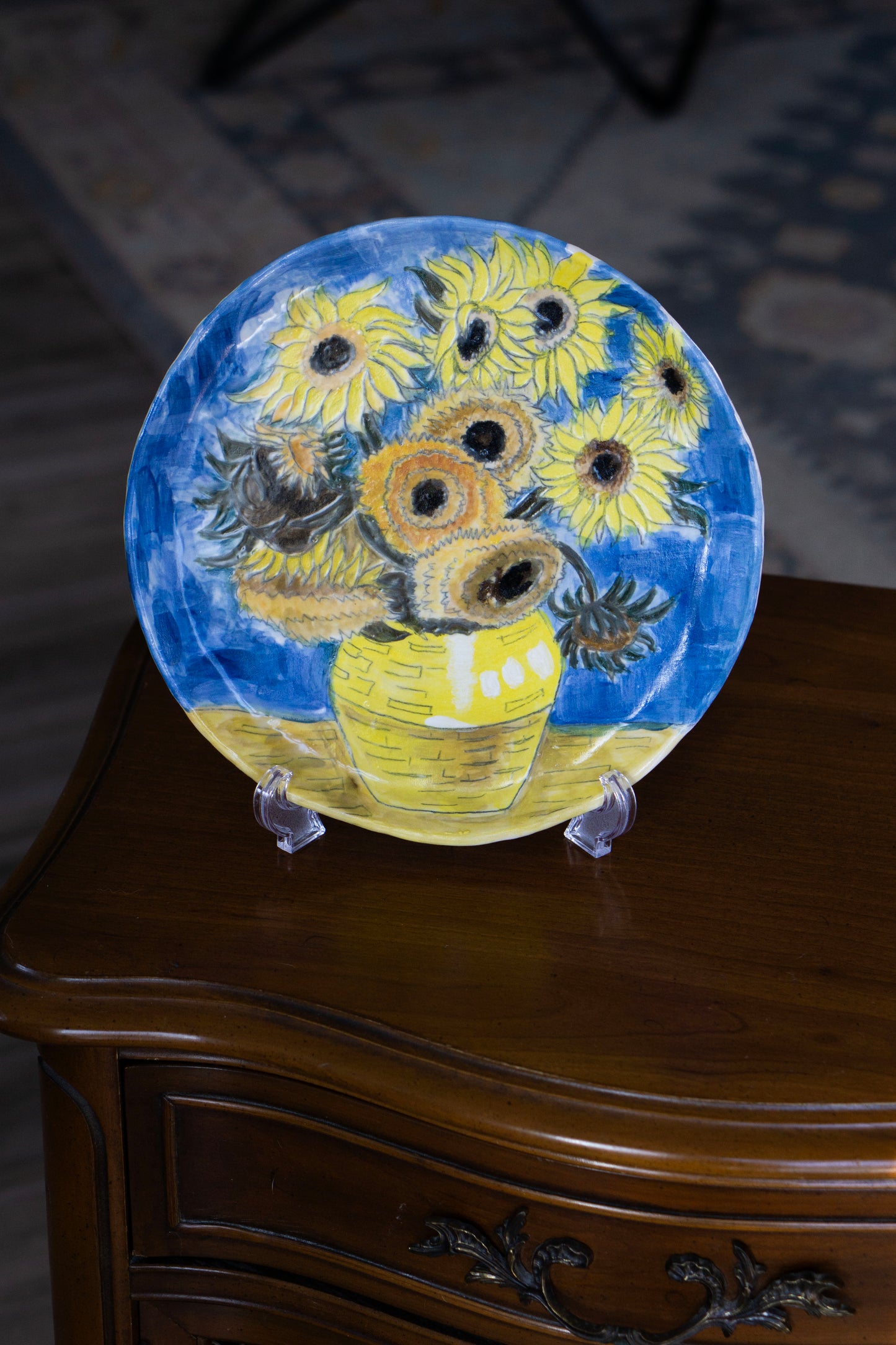 Van Gogh Sunflowers Hand Painted Ceramic Plate 10” – Floral Art Dinner Plate, Decorative Gift for Art Lovers