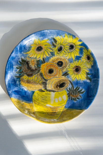Van Gogh Sunflowers Hand Painted Ceramic Plate 10” – Floral Art Dinner Plate, Decorative Gift for Art Lovers