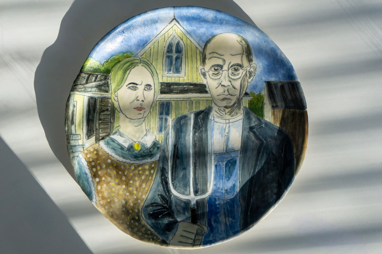 American Gothic Hand Painted Ceramic Plate 10” – Grant Wood Inspired Art, Decorative Dinner Plate Gift