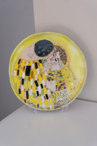 Klimt Kiss Hand Painted Ceramic Plate 12” – Romantic Lovers Art, Valentine Gift for Her, Unique Decorative Dinner Plate