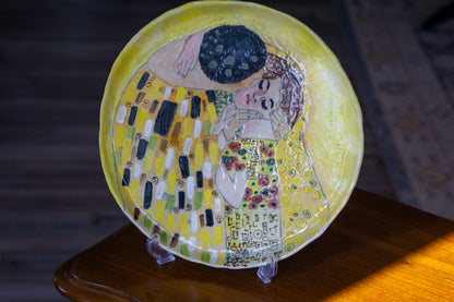 Klimt Kiss Hand Painted Ceramic Plate 12” – Romantic Lovers Art, Valentine Gift for Her, Unique Decorative Dinner Plate