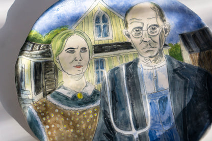 American Gothic Hand Painted Ceramic Plate 10” – Grant Wood Inspired Art, Decorative Dinner Plate Gift