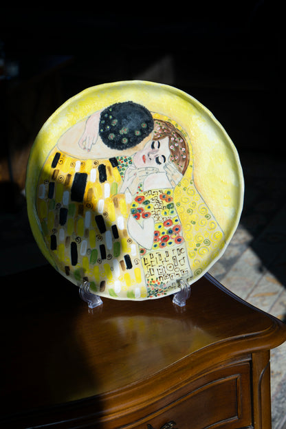 Klimt Kiss Hand Painted Ceramic Plate 12” – Romantic Lovers Art, Valentine Gift for Her, Unique Decorative Dinner Plate