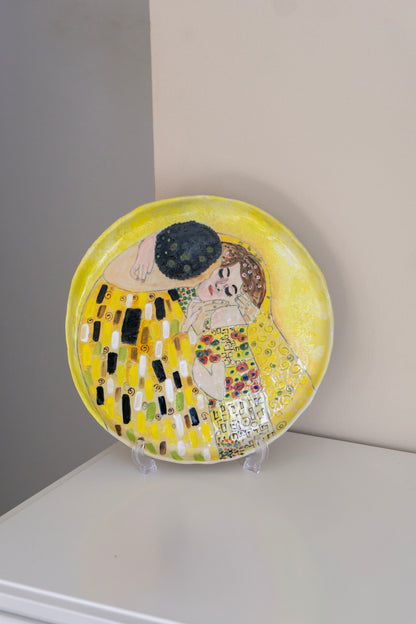 Klimt Kiss Hand Painted Ceramic Plate 12” – Romantic Lovers Art, Valentine Gift for Her, Unique Decorative Dinner Plate