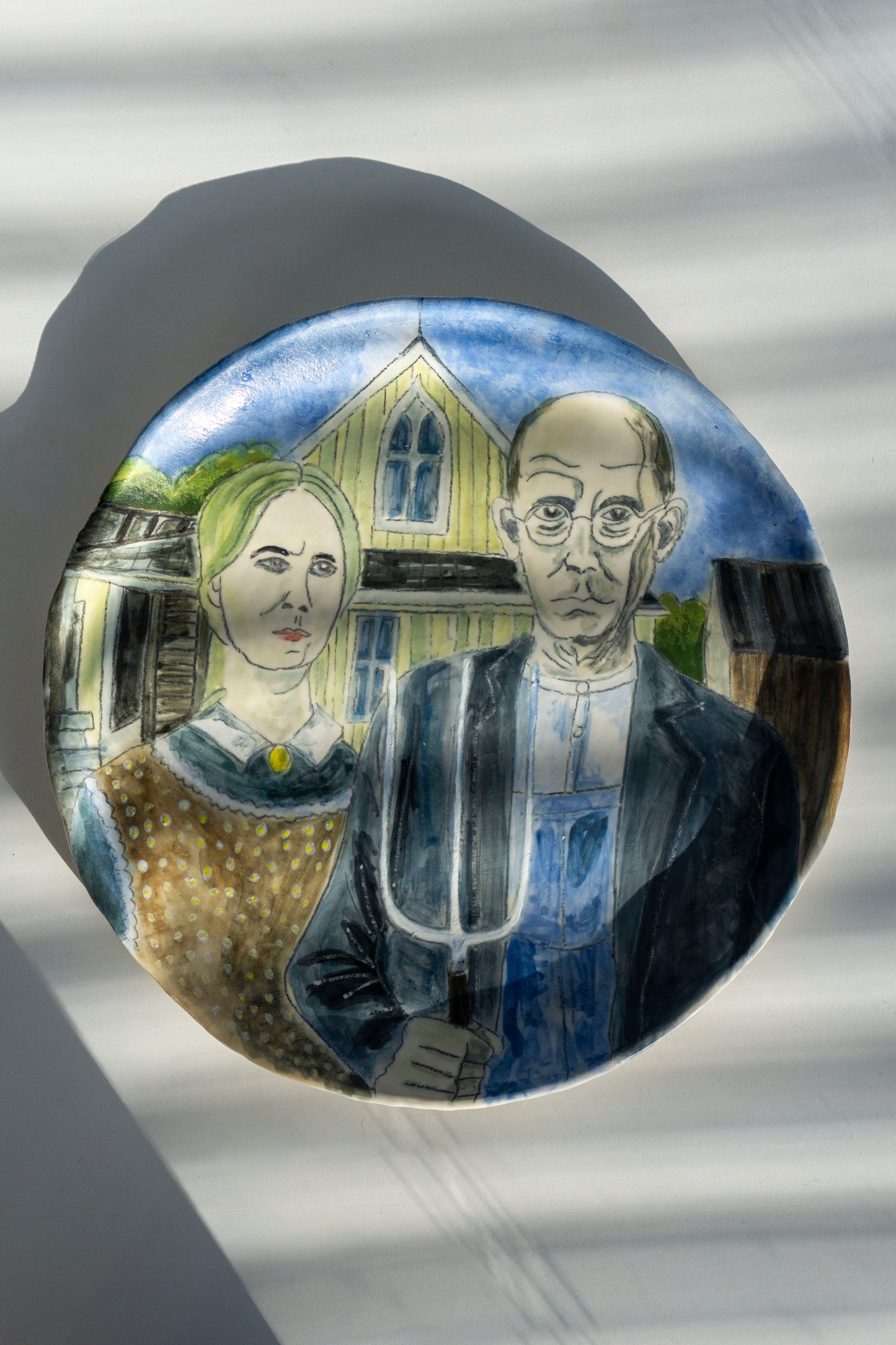 American Gothic Hand Painted Ceramic Plate 10” – Grant Wood Inspired Art, Decorative Dinner Plate Gift