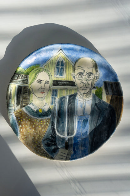 American Gothic Hand Painted Ceramic Plate 10” – Grant Wood Inspired Art, Decorative Dinner Plate Gift