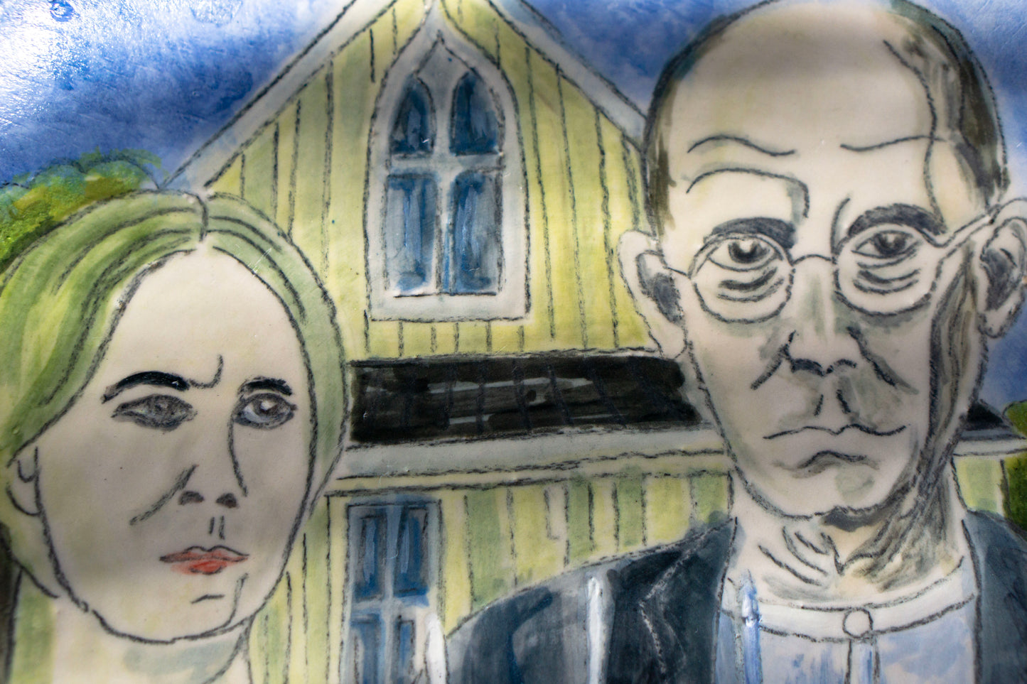 American Gothic Hand Painted Ceramic Plate 10” – Grant Wood Inspired Art, Decorative Dinner Plate Gift