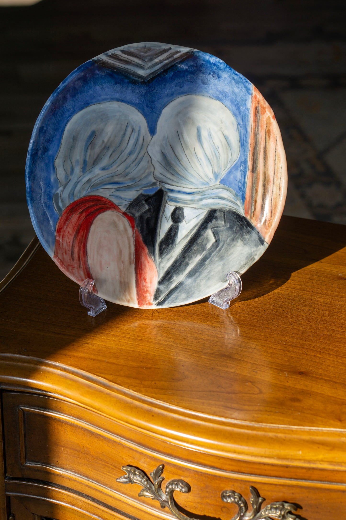 Romantic Kiss Ceramic Plate 10” – Hand Painted Lovers Art, Valentine’s Gift, Unique Decorative & Functional Dinner Plate