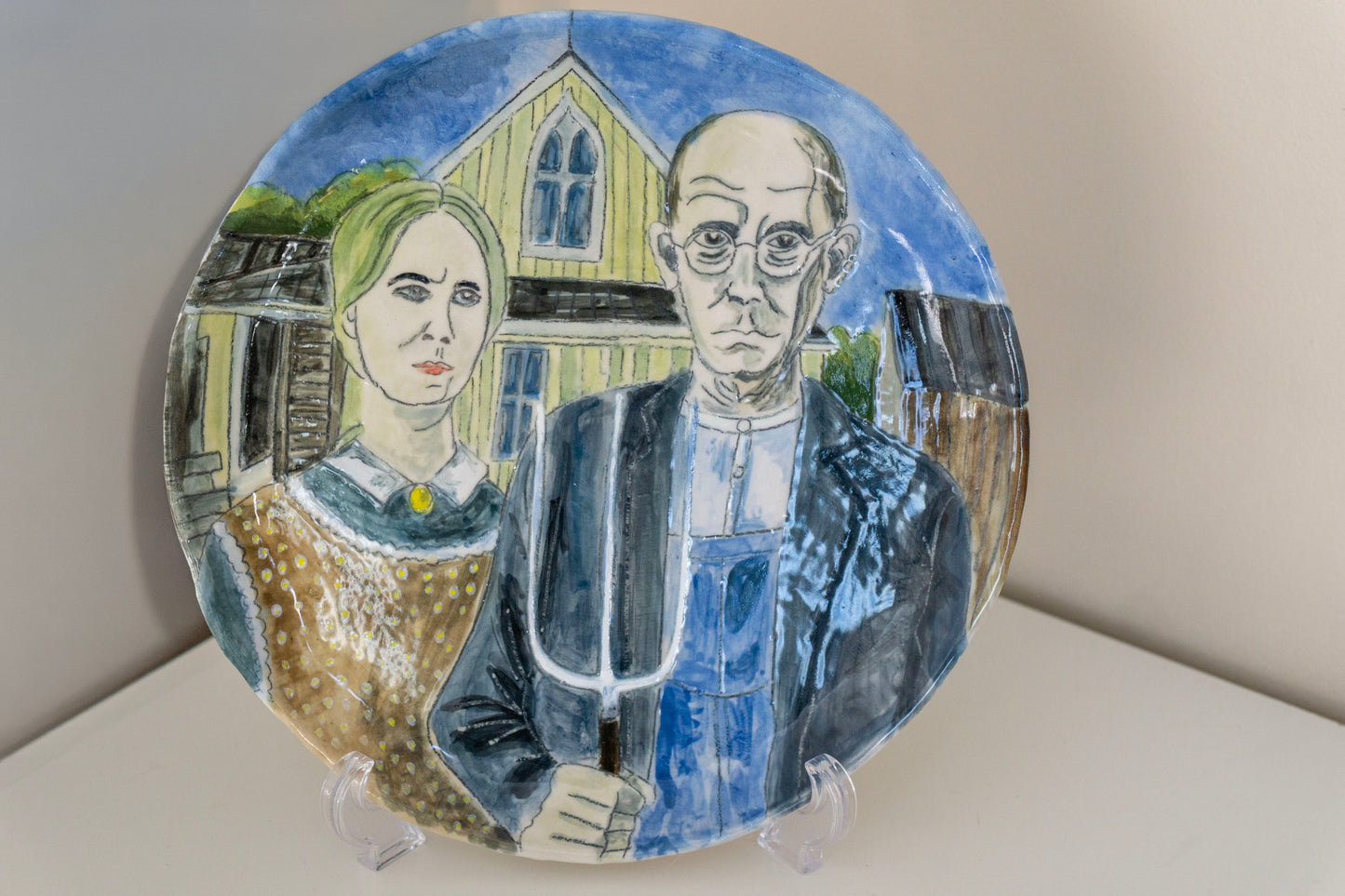 American Gothic Hand Painted Ceramic Plate 10” – Grant Wood Inspired Art, Decorative Dinner Plate Gift