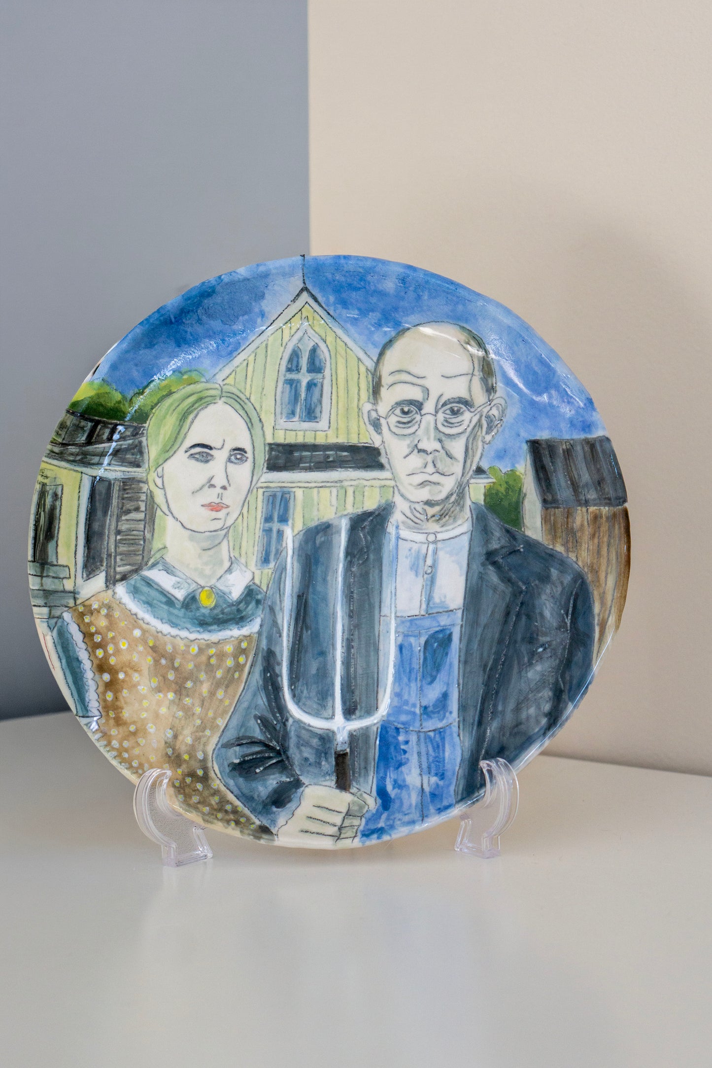 American Gothic Hand Painted Ceramic Plate 10” – Grant Wood Inspired Art, Decorative Dinner Plate Gift
