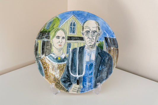 American Gothic Hand Painted Ceramic Plate 10” – Grant Wood Inspired Art, Decorative Dinner Plate Gift