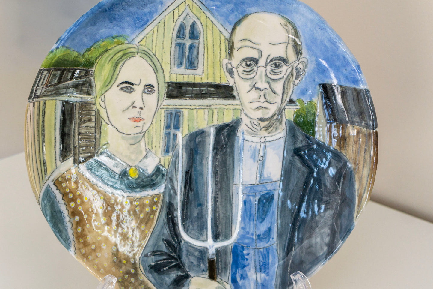 American Gothic Hand Painted Ceramic Plate 10” – Grant Wood Inspired Art, Decorative Dinner Plate Gift