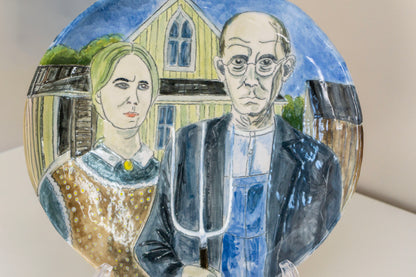 American Gothic Hand Painted Ceramic Plate 10” – Grant Wood Inspired Art, Decorative Dinner Plate Gift