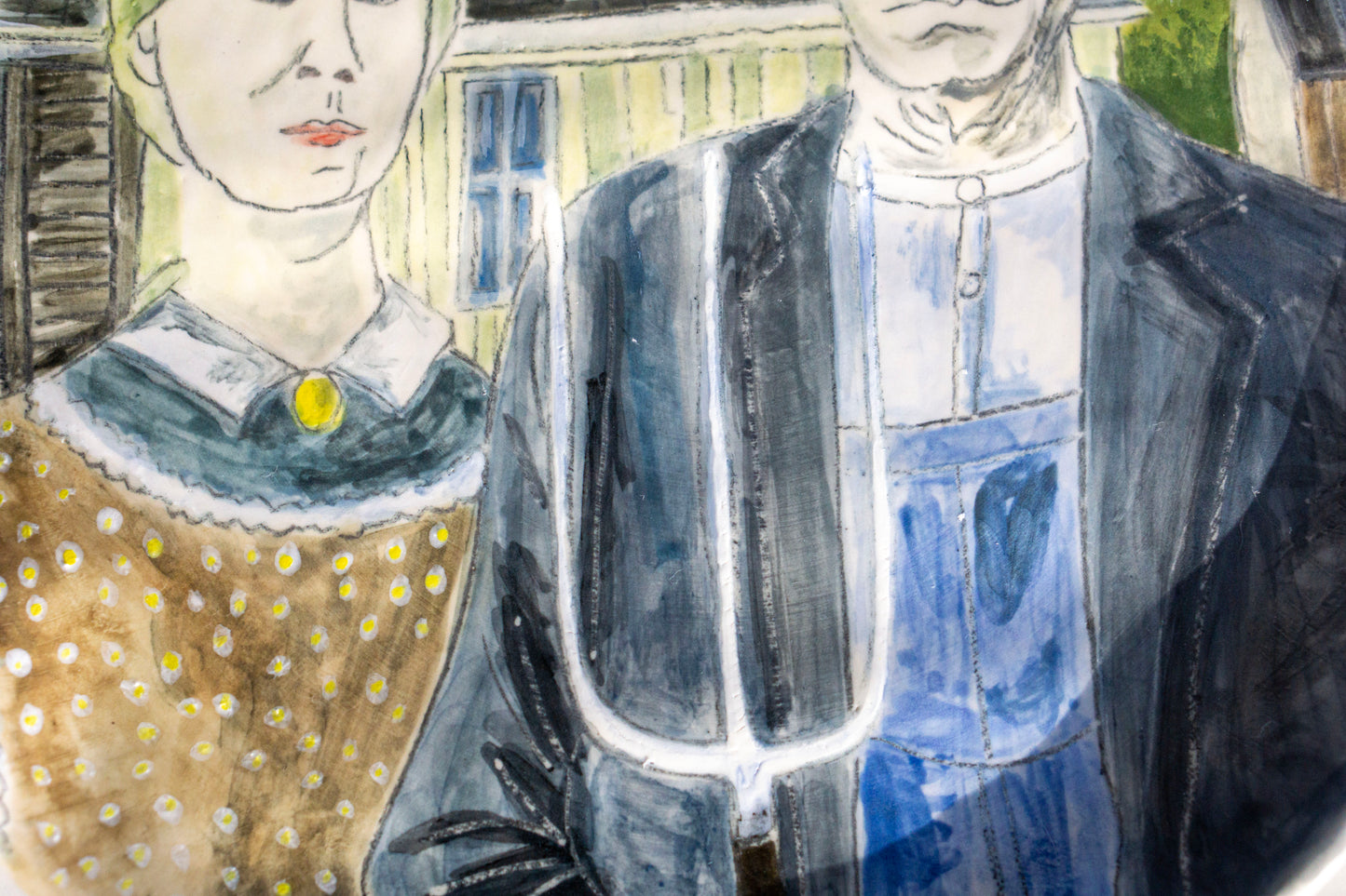 American Gothic Hand Painted Ceramic Plate 10” – Grant Wood Inspired Art, Decorative Dinner Plate Gift