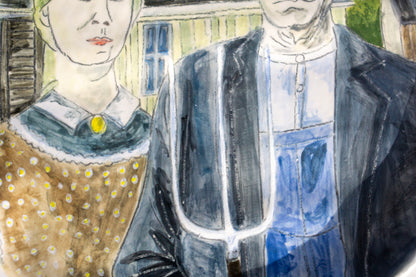 American Gothic Hand Painted Ceramic Plate 10” – Grant Wood Inspired Art, Decorative Dinner Plate Gift