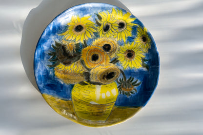 Van Gogh Sunflowers Hand Painted Ceramic Plate 10” – Floral Art Dinner Plate, Decorative Gift for Art Lovers
